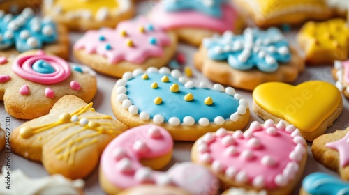  a close up of a tray of cookies with frosting and sprinkles on the top of the cookies and on the bottom of the cookies is a pink, blue, yellow, white