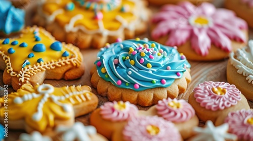  a close up of a bunch of cookies with icing and sprinkles on top of a table with other cookies and pastries on top of the table.