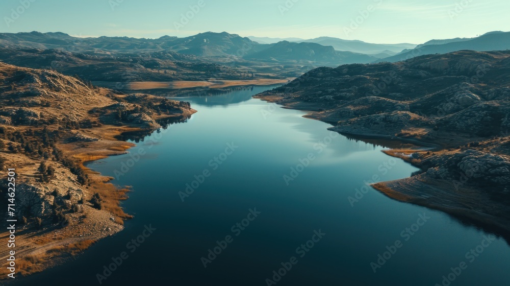 an aerial view of a body of water surrounded by rocky hills and dry grass, with a mountain range in the distance, and a blue sky with a few clouds. an aerial view of a body of water surrounded by rocky hills and dry grass, with a mountain range in the distance, and a blue sky with a few clouds.