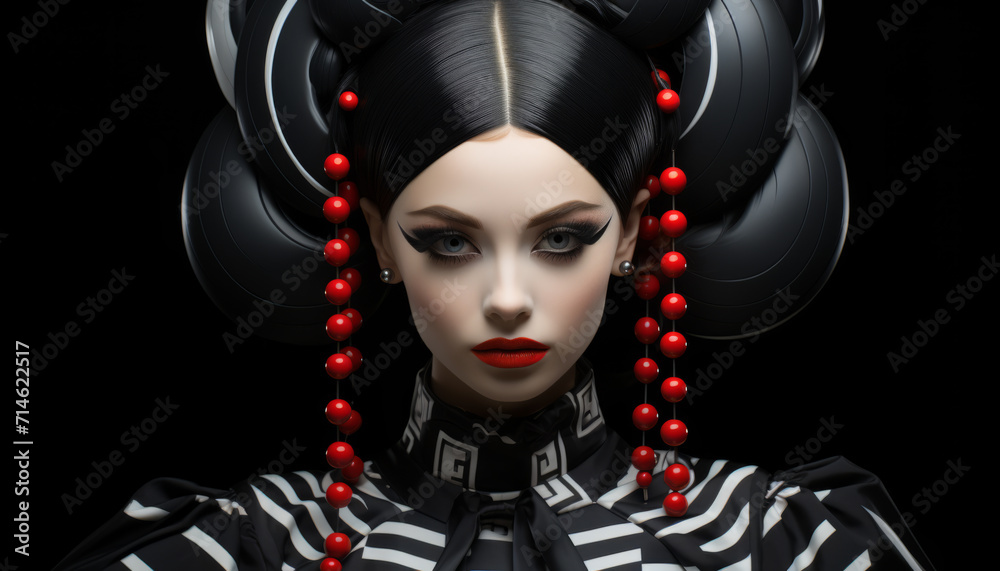 Glamorous woman with a black hairstyle and red beads on her hair. Glamorous woman with a black hairstyle and red beads on her hair.