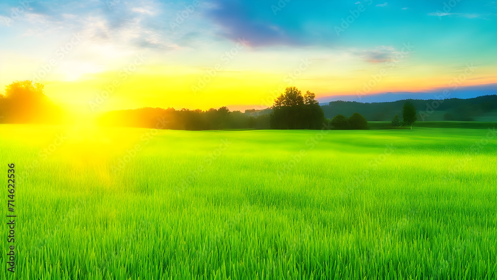Sunset over green field landscape. Beautiful natural agricultural in the summertime 38.
