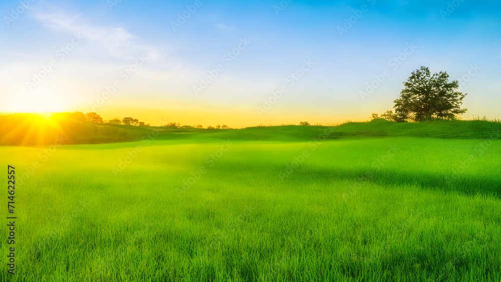 Obraz premium Sunset over green field landscape. Beautiful natural agricultural in the summertime 37.