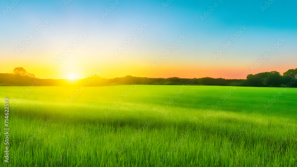 Sunset over green field landscape. Beautiful natural agricultural in the summertime 35.