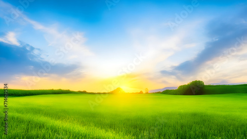 Sunset over green field landscape. Beautiful natural agricultural in the summertime 39.