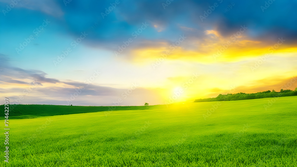 Sunset over green field landscape. Beautiful natural agricultural in the summertime 27.