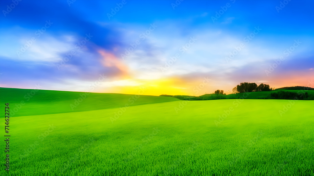 Fototapeta premium Sunset over green field landscape. Beautiful natural agricultural in the summertime 25.