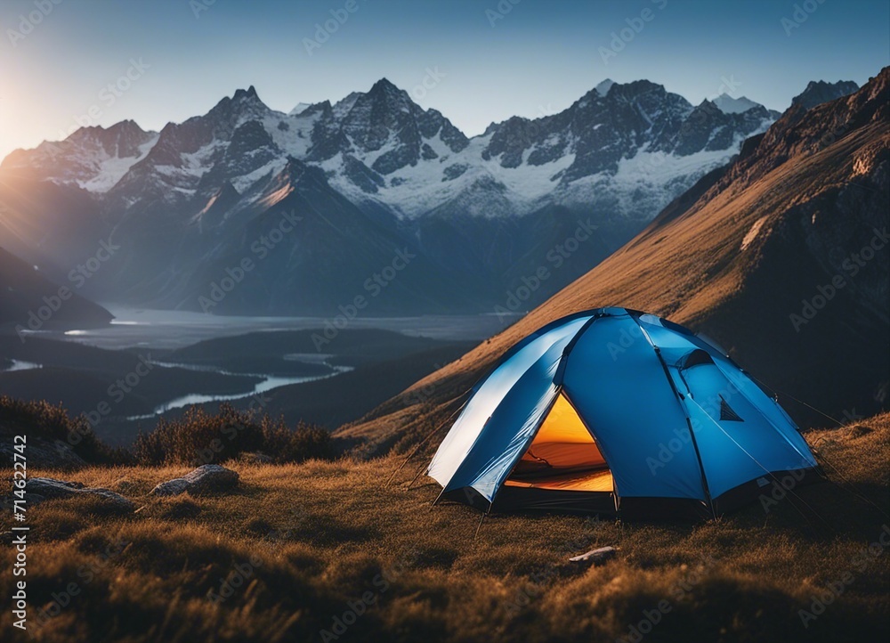 Glowing blue tent camping in the mountains in front of majestic mountain range
