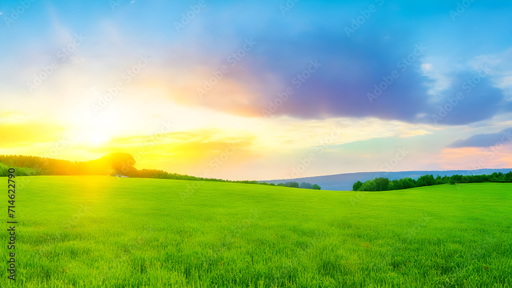 Sunset over green field landscape. Beautiful natural agricultural in the summertime 23.