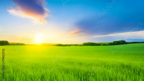Sunset over green field landscape. Beautiful natural agricultural in the summertime 26.