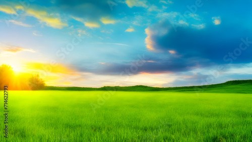Sunset over green field landscape. Beautiful natural agricultural in the summertime 22.