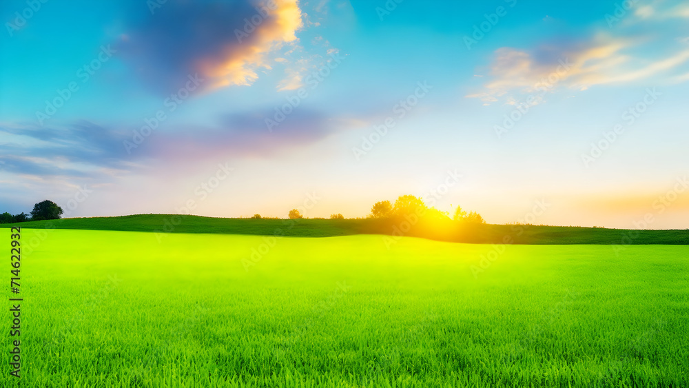 Sunset over green field landscape. Beautiful natural agricultural in the summertime 14.