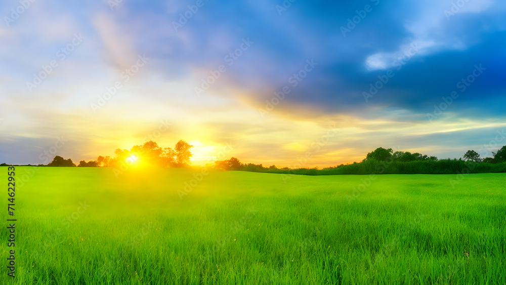 Sunset over green field landscape. Beautiful natural agricultural in the summertime 11.