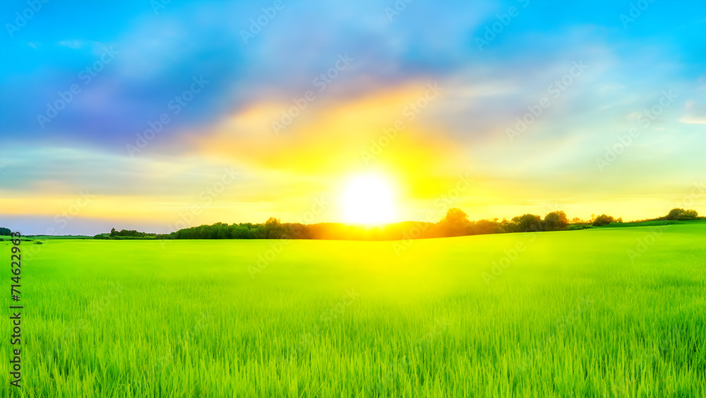 Sunset over green field landscape. Beautiful natural agricultural in the summertime 10.