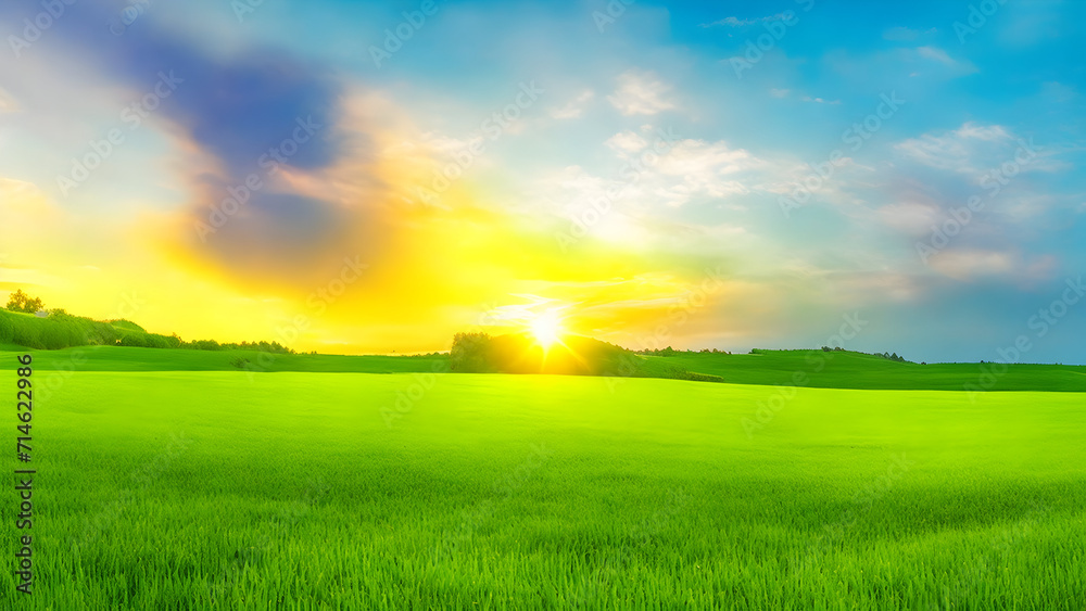 Sunset over green field landscape. Beautiful natural agricultural in the summertime 9.