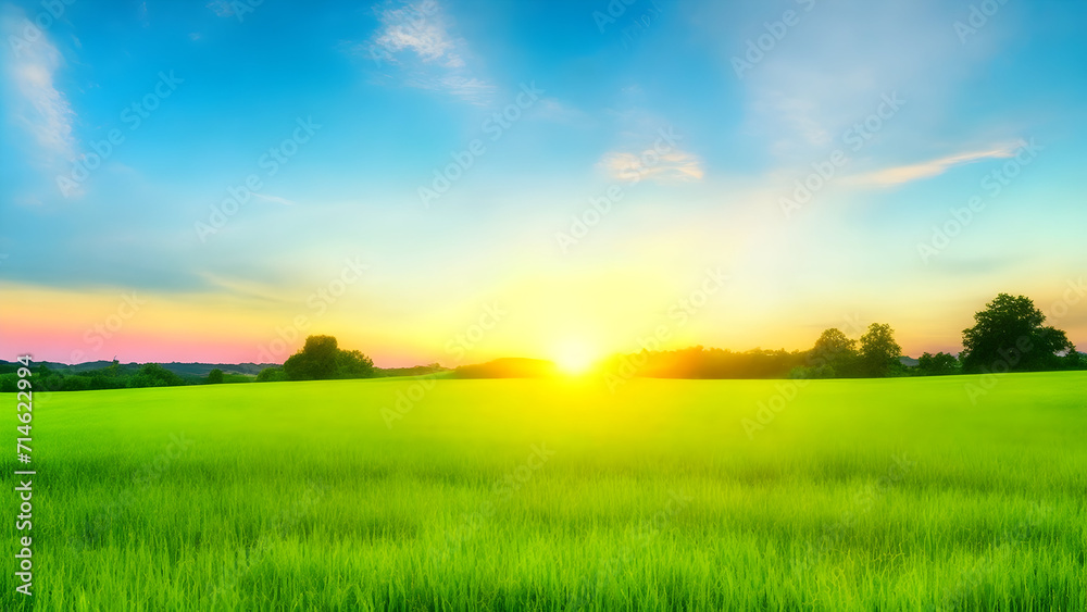 Sunset over green field landscape. Beautiful natural agricultural in the summertime 8.