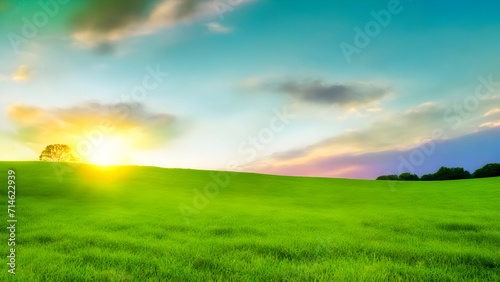 Sunset over green field landscape. Beautiful natural agricultural in the summertime 13.