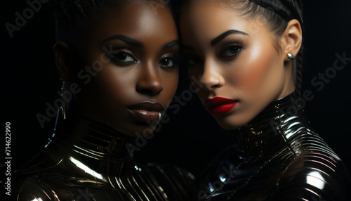 Portrait of a couple of beautiful fashionable women with sensual emotions.