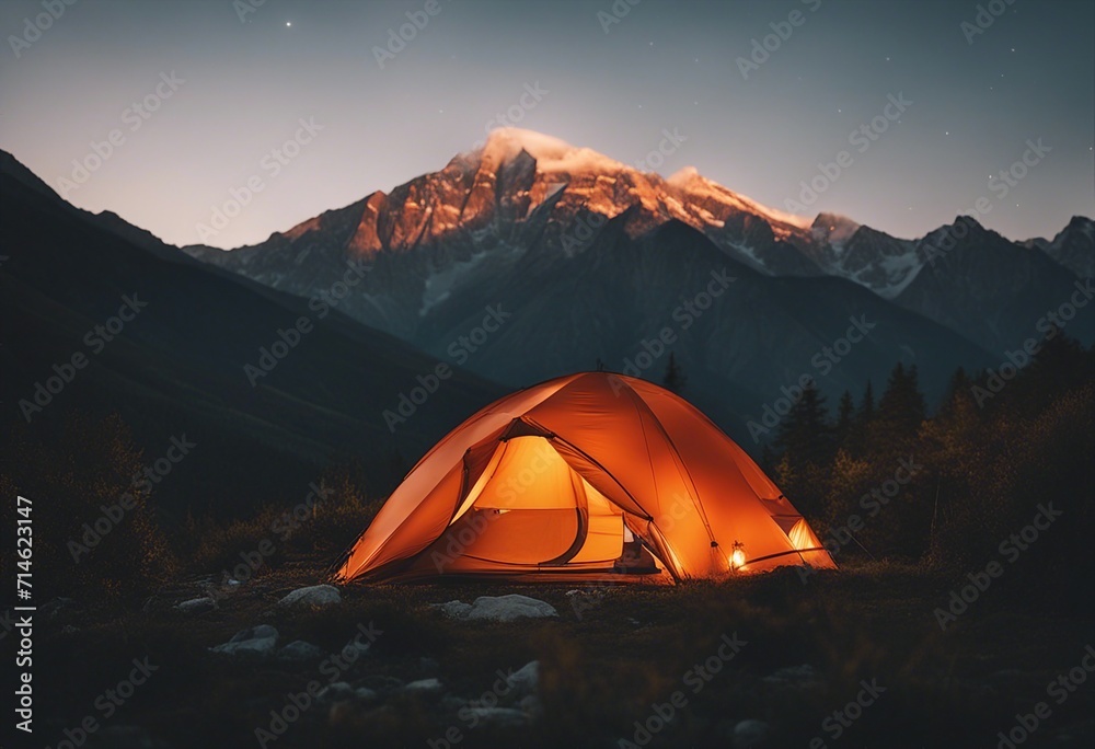 Glowing orange tent camping in the mountains in front of majestic mountain range 