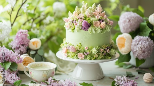  a cake sitting on top of a white cake plate next to a cup and saucer filled with pink and green flowers and greenery next to a cup of tea.