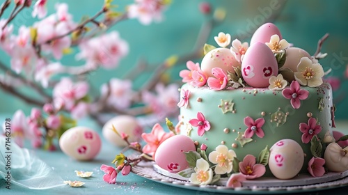  a close up of a cake on a plate with flowers and eggs on the side of the cake and a branch of a tree with pink flowers in the background.