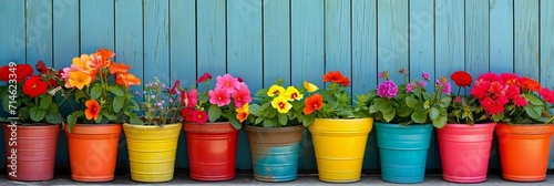 Colorful garden Petunia plants in colorful flower pots in row, panoramic © Yulia