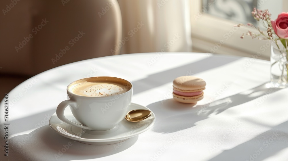  a cup of coffee sits on a saucer next to a macaroni and cheese biscuit on a white table with a vase of flowers in the background.