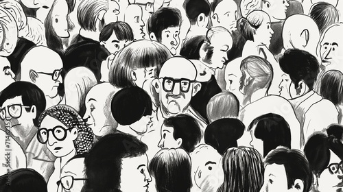 An artistic black and white sketch depicting a diverse crowd of people gathered closely, possibly at an event or public space, with various expressions and attire.