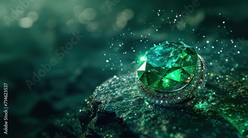 A sparkling and iridescent emerald ring, pure dark background, Dreamlike atmosphere, wallpaper,  photo