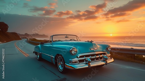 A vintage convertible cruising down a coastal road at sunset, capturing the essence of timeless elegance.  © AI ARTS