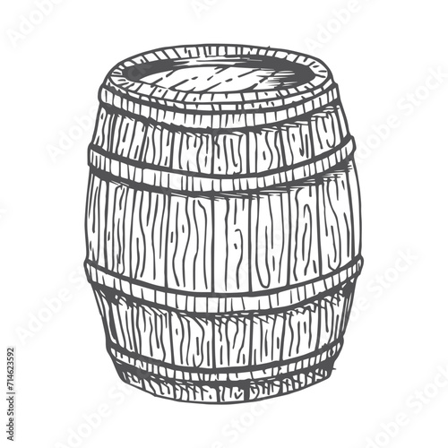 Wood barrels. Hand-drawn engraving style illustrations.