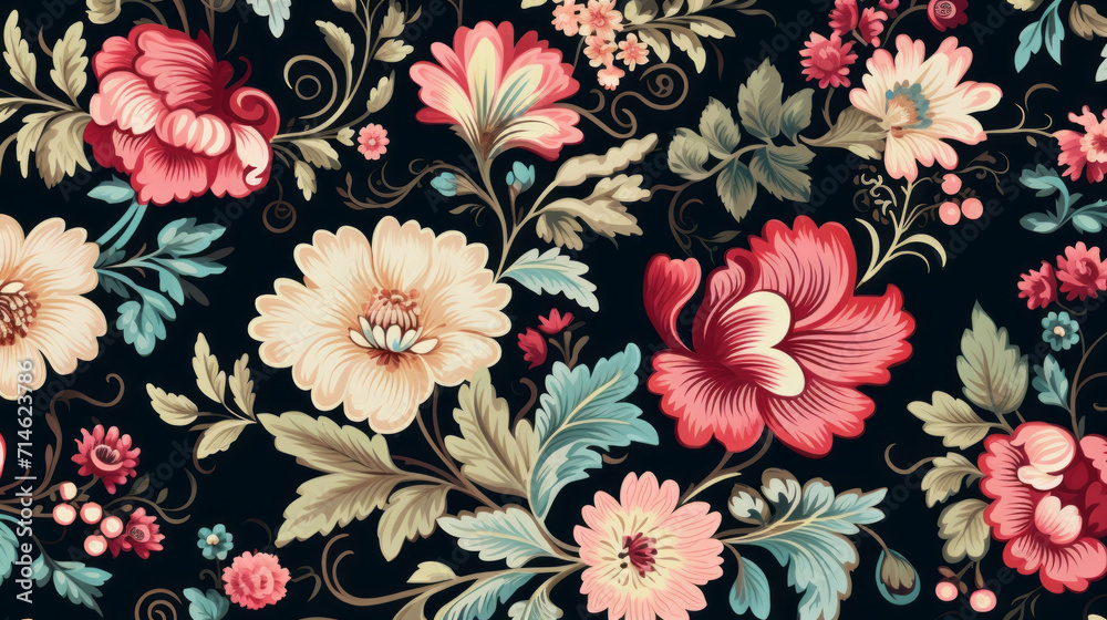 Traditional Russian floral pattern. Vibrant Spirit of Russia with Authentic flowers pattern on black background
