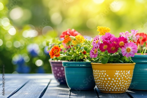 Many different beautiful blooming plants in colorful flowerpots on wooden bench outdoors #714623723