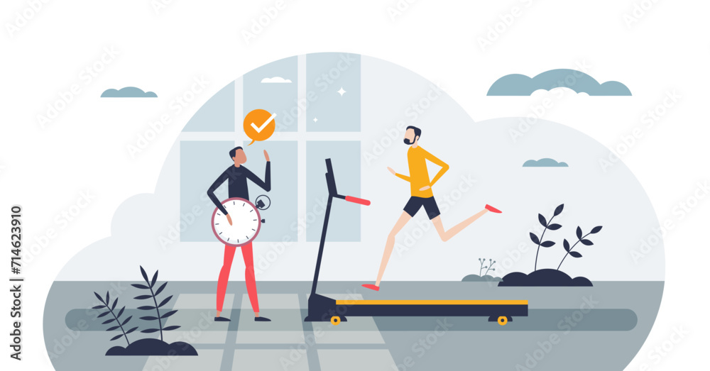 Obraz premium Personal trainer for sport activities for better results tiny person concept, transparent background. Professional coach assistance for effective training process regarding to plan illustration.