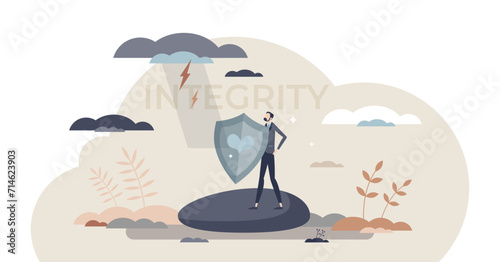 Integrity in business with company moral values strength tiny person concept, transparent background. Successful businessman with reliable principles and strong standards illustration.