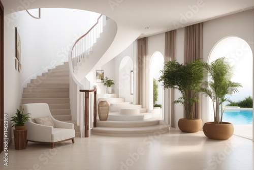 Interior home design of modern entrance hall with door and staircase with decorations and ornamental plants