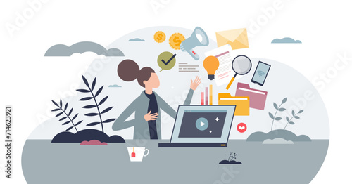 Digital marketing course and e-learning online skills tiny person concept, transparent background. Use internet for social media and professional blogging strategies illustration.