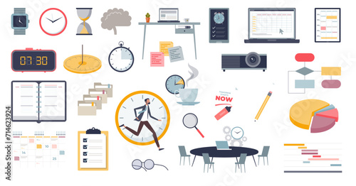 Time management objects and daily schedule planning tiny person concept, transparent background. Deadline elements for appointment organization and meetings illustration.
