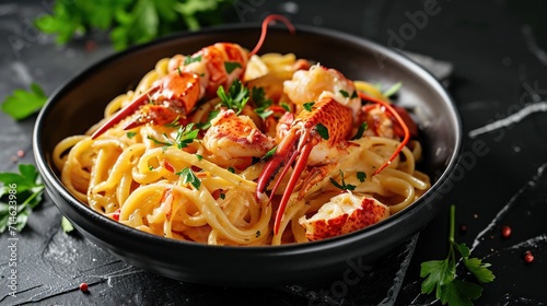  a bowl of pasta with lobster and parsley garnished with parsley in a black bowl on a black surface with a sprig of parsley.