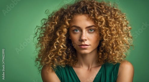 portrait of a fashion woman, curly hairs of a woman, portrait of a pretty young fashion model, pretty fashion girl in studio, curly haired woman © Gegham