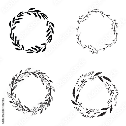 Doodle botanical circle frame. Hand-drawn round line border, leaves and flowers, wedding invitation and cards, logo design, and poster template.