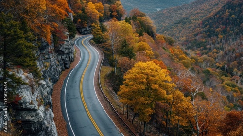  a winding road in the middle of a mountain range surrounded by trees with yellow and orange foliage on both sides of the road is surrounded by trees with yellow and orange leaves.