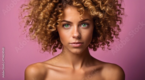 portrait of a fashion woman  curly hairs of a woman  portrait of a pretty young fashion model  pretty fashion girl in studio  curly haired woman
