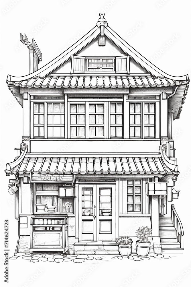 Coloring book, vintage of ramen shop in Japan.  on a white background