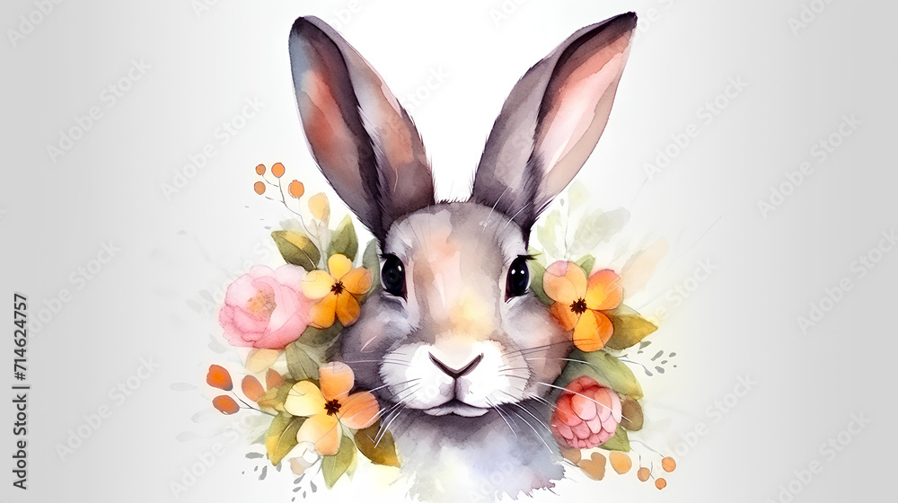 Cute Easter bunny in watercolor with wildflowers. Easter bunnies, watercolor painting. Cute Easter bunny in watercolor with wildflowers. Easter bunnies, watercolor painting.