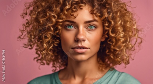 portrait of a fashion woman  curly hairs of a woman  portrait of a pretty young fashion model  pretty fashion girl in studio  curly haired woman