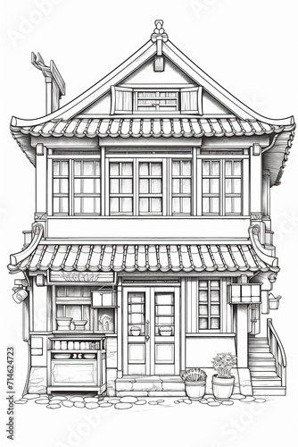 Coloring book  vintage of ramen shop in Japan.  on a white background
