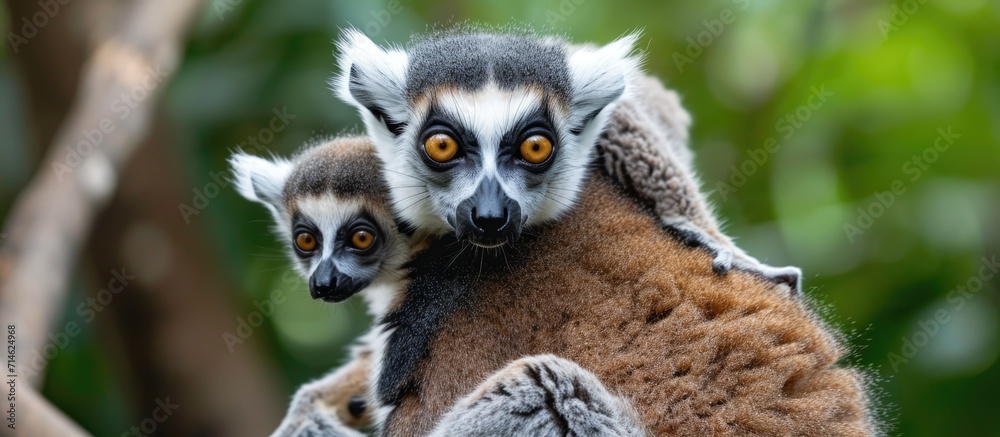 Obraz premium Mother ring-tailed lemur carrying cub on back.