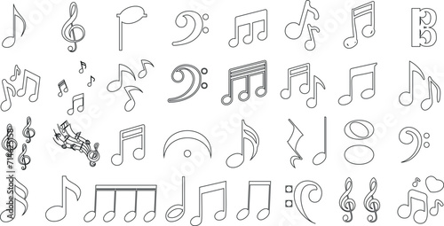Musical notes vector, black line art on white background, perfect for music sheets, compositions, symphony illustrations. Elegant design elements for musical theme content