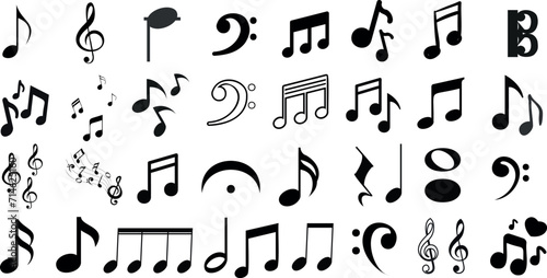 Musical notes vector icons, black symbols, white background. Melody, harmony, music design elements for web, app. Elegant style, treble, bass, quarter, eighth, sixteenth notes photo