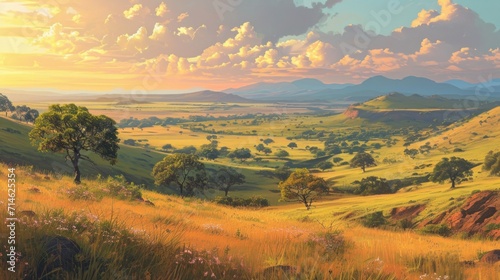  a painting of a grassy valley with trees and mountains in the distance with a sunset in the distance with clouds in the sky and yellow grass in the foreground.